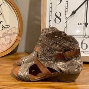 Miz Mooz Brown Snakeskin Open-Toe Ankle Booties